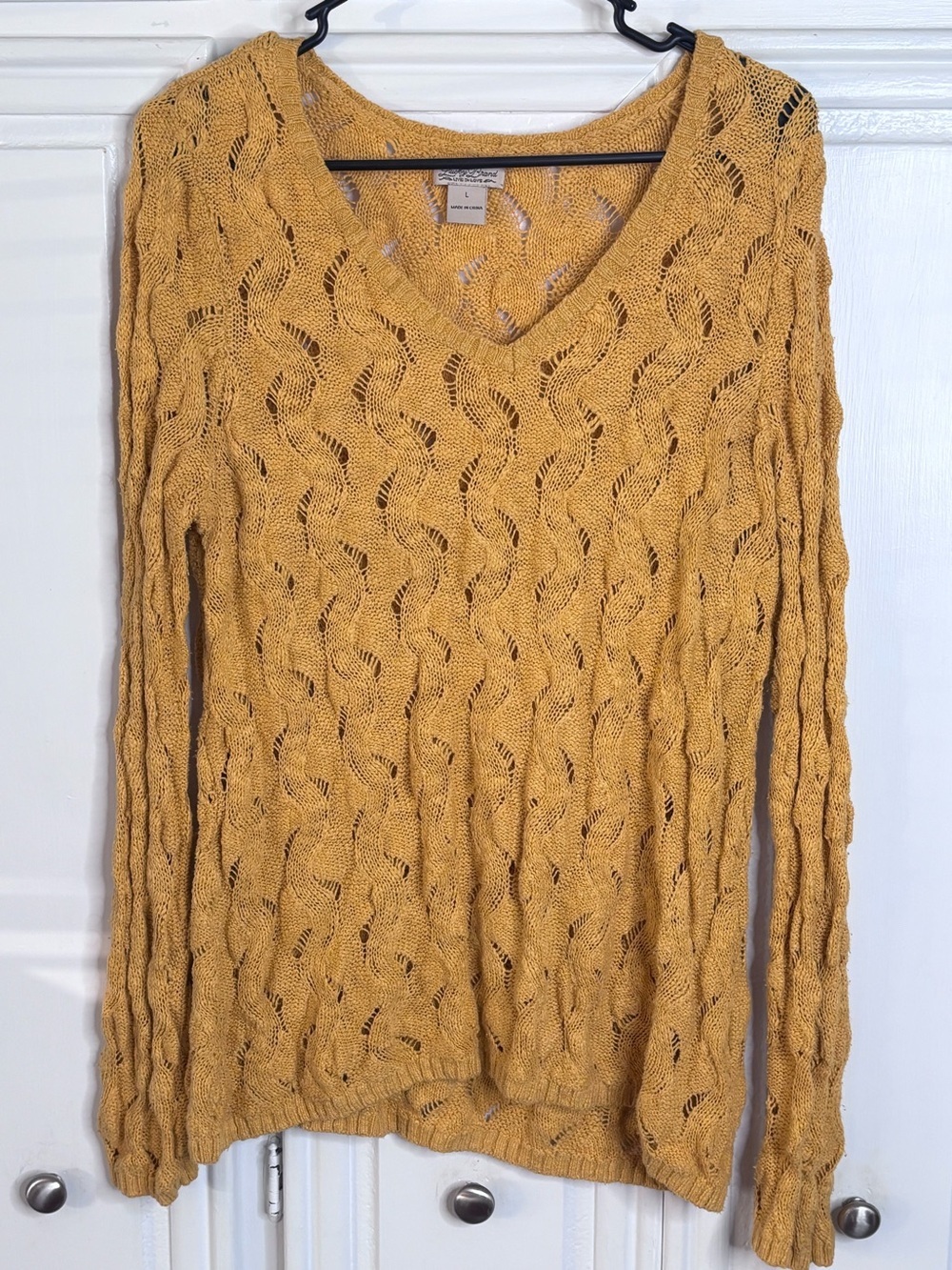 Lucky Brand Mustard Yellow V-Neck Cable Knit Sweater sz L